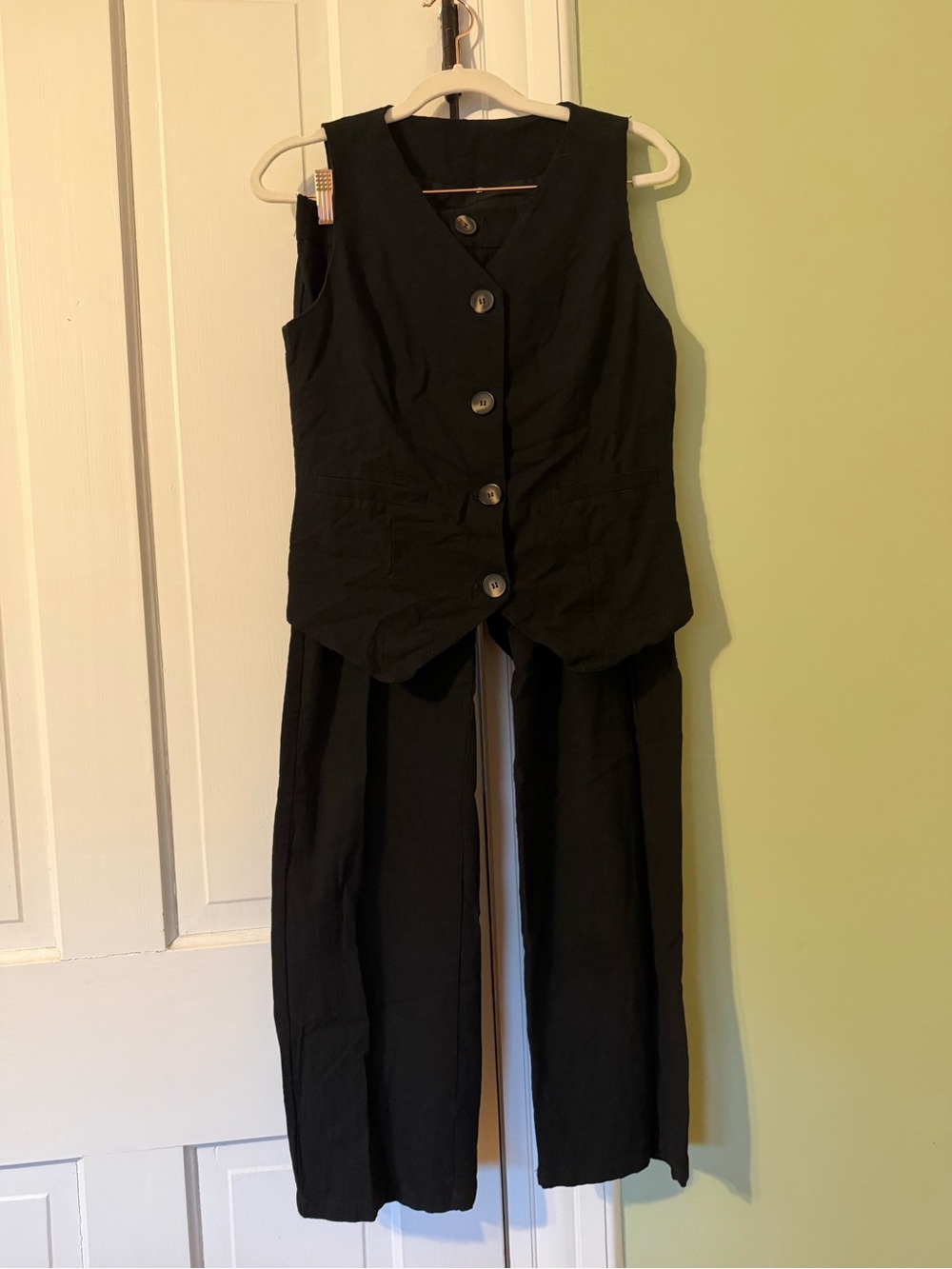 2 Piece Linen Blend Pant & Vest Set - Black, Small